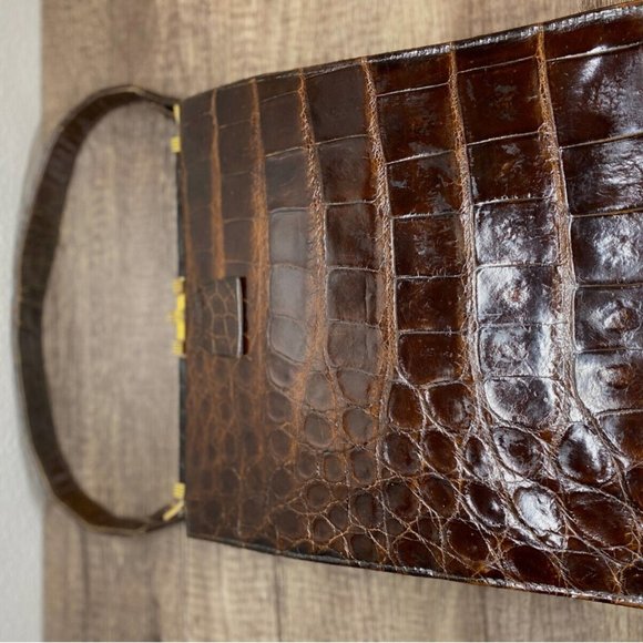 Vintage 1950s Genuine Alligator Crocodile Dark Brown Handbag Rectangular - Picture 14 of 16